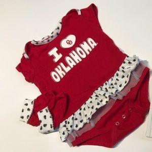 Boomer Sooner 1-3 months girls OU onsie w booties.